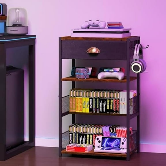 4-Tier Media Stand with Drawers, Video Game Rack with 2 Hooks, Audio Rack Tower, Perfect for Game Consoles/DVD/Record Players/Projectors/Sky Boxes/TV Accessories