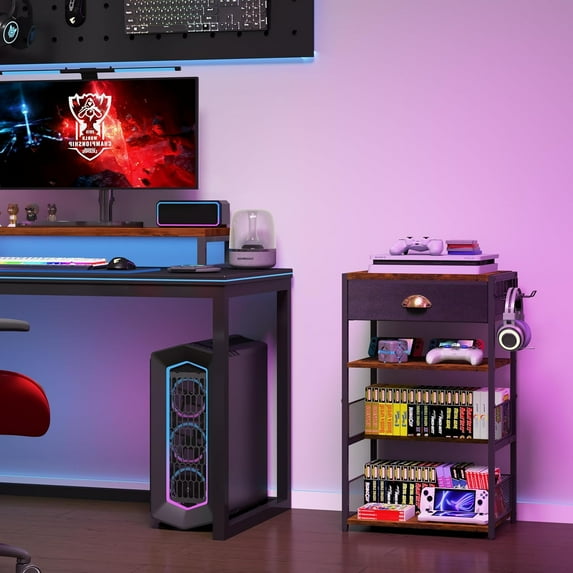 4-Tier AV Media Stand with Drawer, Video Game Console Shelf with 2 Hooks, Audio Rack Tower Perfect for/Xbox/ PS5/Switch/Game Consoles/DVD/Record Player/Projector/Sky Box/TV Accessories