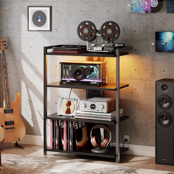 4-Tier AV Media Stand, Media Console with Charging Station and LED Light, Wooden Stereo Cabinet, Corner TV Stand, Record Player, Entertainment Device Stand, Black BB42UDCJ01