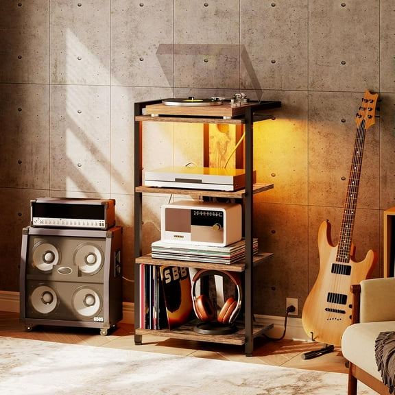 4-Tier AV Media Stand, Media Console with Charging Station and LED Light, Wooden Stereo Cabinet, Corner TV Stand, Record Player, Entertainment Device Stand, Rustic Brown and Black BF38UDCJ01