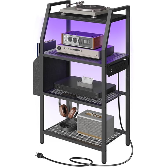 4-Tier AV Media Stand with Power Outlet & LED Lights, Game Console Shelf with Side Storage Bag, Corner Stereo Stand Rack Audio Tower for Small Video DVD Players Boxes