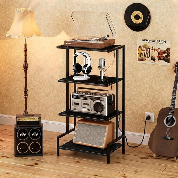 4-Tier AV Media Stand with Power Outlet and LED Lights,Wooden Stereo Stand Cabinet,Game Console Shelf for Small Space,Audio Rack Stand Tower Ideal for Video DVD Players,