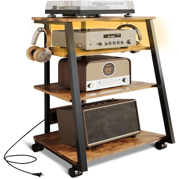 4-Tier AV Media Stand Stereo Cabinet for Record Player Storage, Audio Rack Console Shelf Corner Entertainment Center with Led Lights (Black)