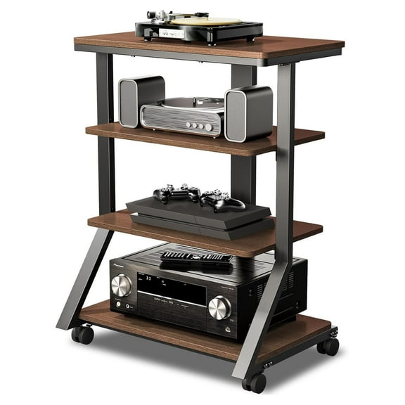 4-Tier AV Media Stand with Wheels, Mobile Rack Audio Tower with Height Adjustable Shelves, Wooden Stereo Racks and Stands, Stereo Stand for Record Player, TV Box, Corner Entertainment Center