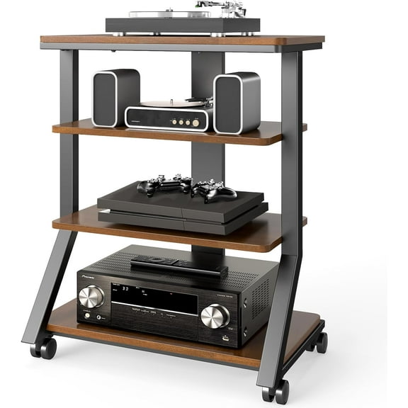 4-Tier AV Media Stand with Wheels, Mobile Rack Audio Tower with Height Adjustable Shelves, Wooden Stereo Racks and Stands, Stereo Stand for Record Player, TV Box, Corner Entertainment Center
