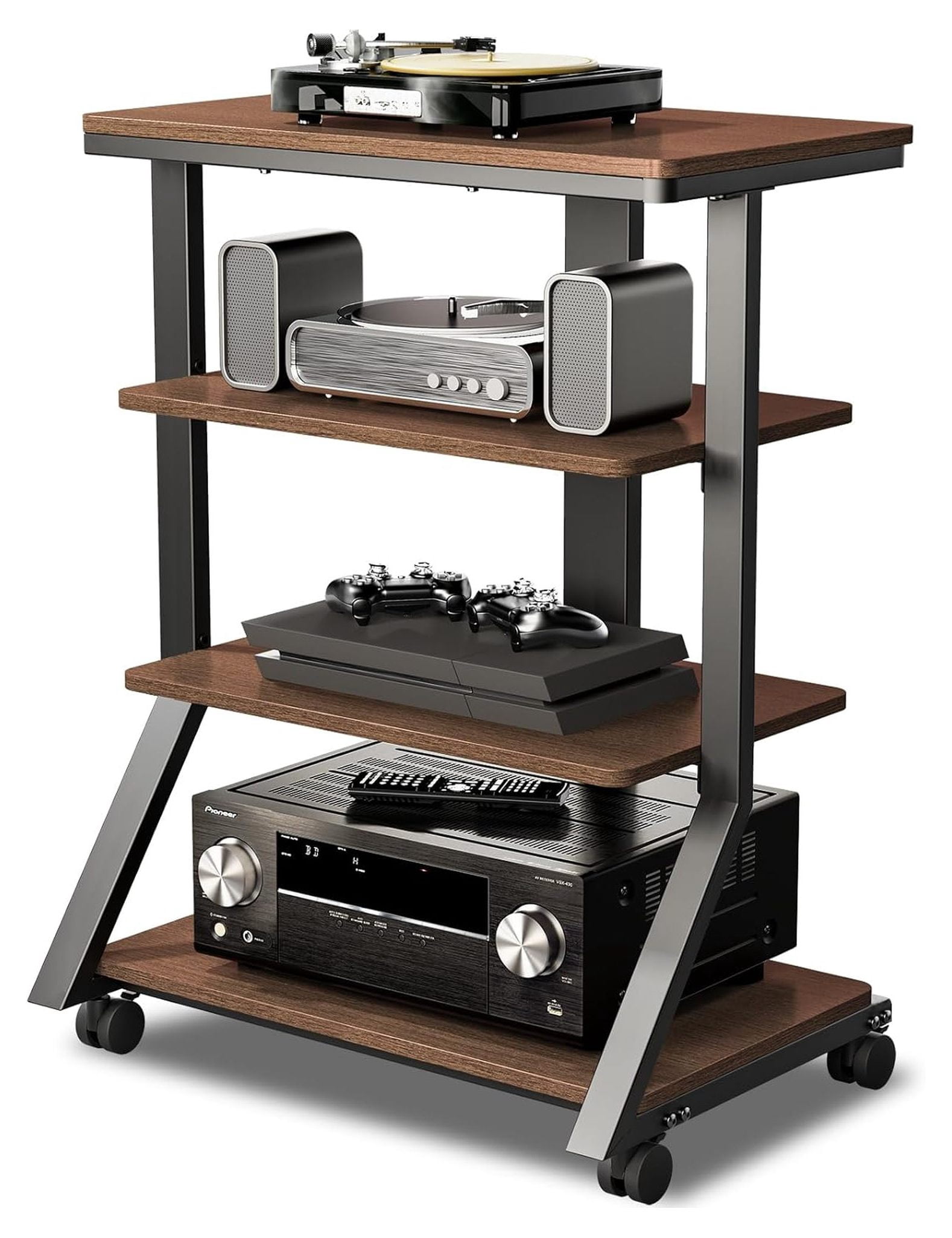 4-Tier AV Media Stand with Wheels, Mobile Rack Audio Tower with Height ...