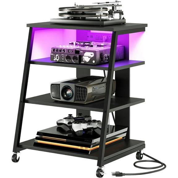 4-Tier AV Media Stand with Wheels, Stereo Stands, Media Console Shelf with Power Strips, LED Lights, Wooden Audio Cabinet Rack Tower for Record Player/Apple TV/ps4, Black TCJ60UDBB