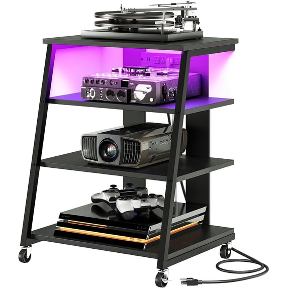 4-Tier AV Media Stand with Wheels, Stereo Stands, Media Console Shelf with Power Strips, LED Lights, Wooden Audio Cabinet Rack Tower for Record Player/Apple TV/ps4, Black TCJ60UDBB