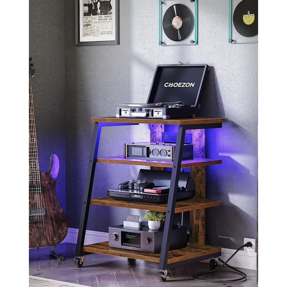 4-Tier AV Media Stand with Wheels, Stereo Stands, Media Console Shelf with Power Strips, LED Lights, Wooden Audio Cabinet Rack Tower, Rustic Brown and Black TCJ60UDBF