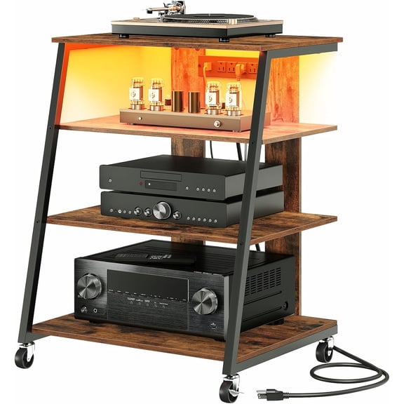 4-Tier AV Media Stand with Wheels, Stereo Stands, Media Console Shelf with Power Strips, LED Lights, Wooden Audio Cabinet Rack Tower, Rustic Brown and Black