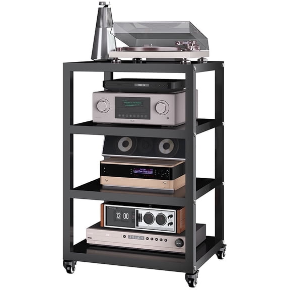4-Tier AV Media Stand with Wheels, Thickened Square Tube Audio Rack Tower Stereo Cabinet, Mobile Game Console Shelf for Turntable Record Player, PS5, Xbox, Stereo Equipment, Black
