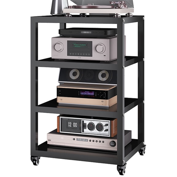 4-Tier AV Media Stand with Wheels, Thickened Square Tube Audio Rack Tower Stereo Cabinet, Mobile Game Console Shelf for Turntable Record Player, PS5, Xbox, Stereo Equipment, Black