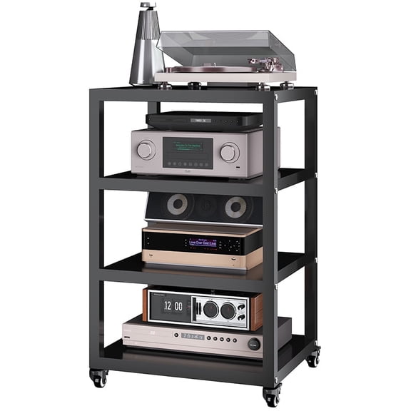 4-Tier AV Media Stand with Wheels, Thickened Square Tube Audio Rack Tower Stereo Cabinet, Mobile Game Console Shelf for Turntable Record Player, PS5, Xbox, Stereo Equipment, Black