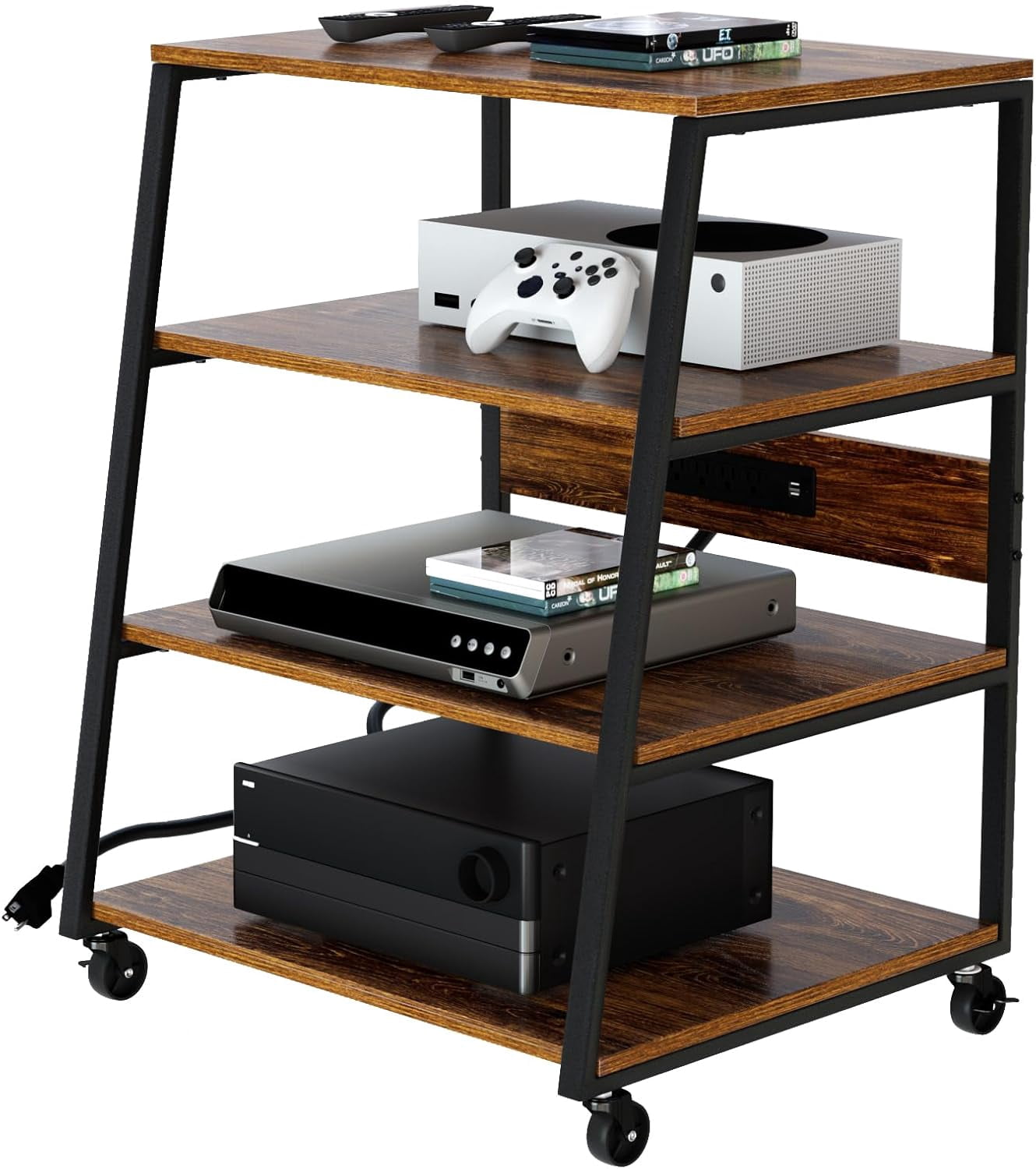 4-Tier AV Media Stand with Wheels Wooden Shelves with Charge Station ...