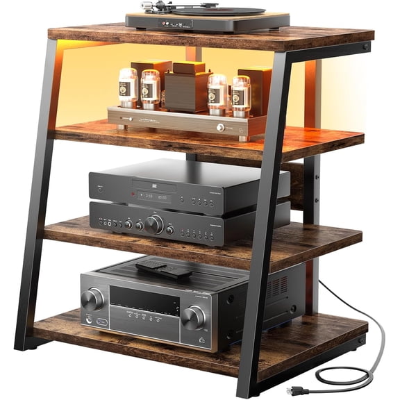 4-Tier AV Media Stand with Power Strips, Stereo Stand with LED Lights, Audio Tower Rack with Adjustable Shelves, Small Entertainment Center
