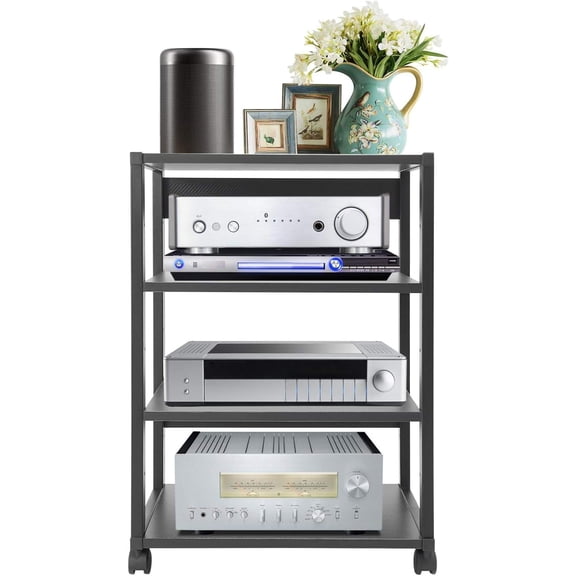 4-Tier AV Stand with Lockable Wheels, Black Audio Video Media Rack for Stereo, Record Player, Living Room