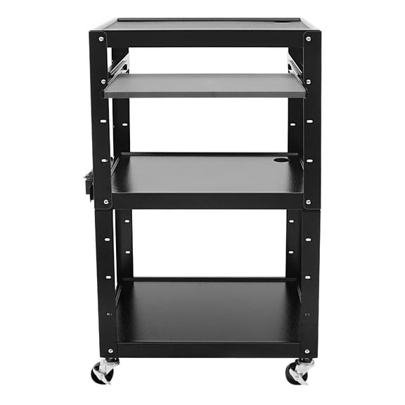 4-Tier AV Utility Cart, Rolling Standing Desk with Pull-Out Keyboard Tray, Adjustable Stand Up Desk for Home Office Printer & Computer