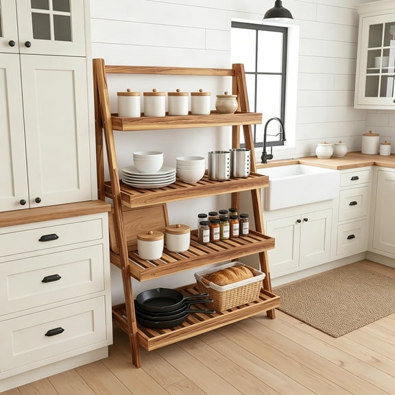 4-Tier Acacia Wood Ladder Shelf, A-Frame Standing Storage Unit, Multipurpose Display Rack
