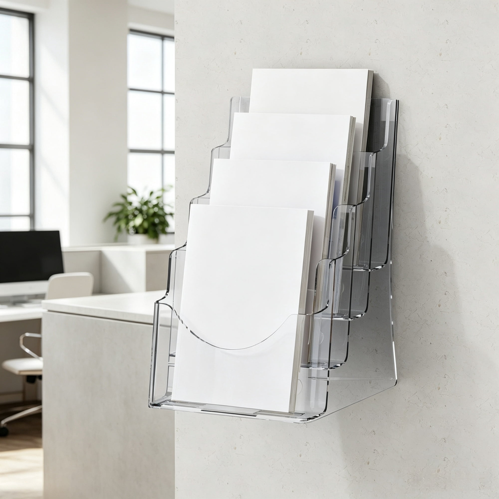 4-Tier Acrylic Brochure Holder 8.5 x 11 Inch, Clear Plastic Literature Display Stand with Removable Divider, Flyer Organizer for Office Exhibition Countertop or Wall Mount