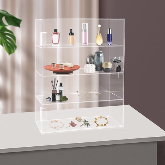 4-Tier Acrylic Display Case, Dustproof, Countertop Clear Box with Lock for Home, Malls