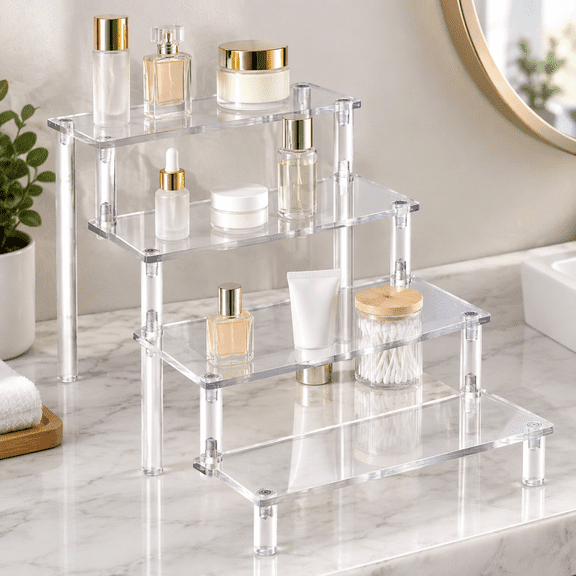 4 Tier Acrylic Display Riser, Clear Perfume Organizer Stand, Cupcake Stand Holder, Dessert Table Display Shelf, Skin Care Organizer for Decoration and Organizer
