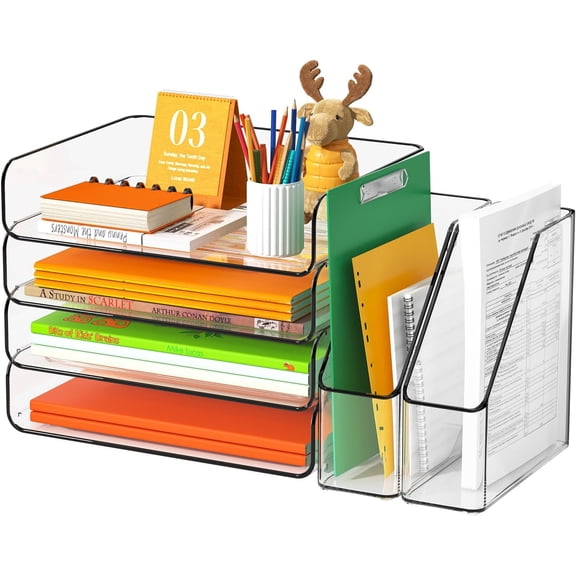 4-Tier Acrylic Paper Tray Organizer with Bookends Large Clear Stackable Letter Tray Organizer for Desk Acrylic File Organizer & Office Paper Storage 12.6" Wide Desktop Organizer