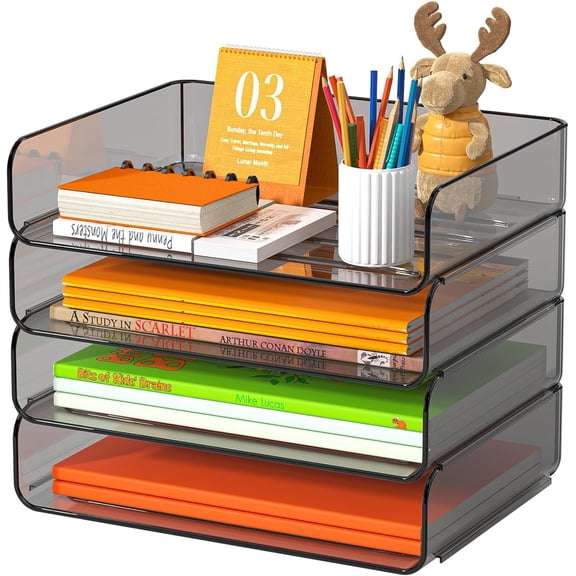 4-Tier Acrylic Paper Tray Organizer, Brown Stackable Desk File Organizer for Documents, Mail, Homework & Notebooks, Letter Tray Storage for Home Office, Classroom & Study Desk