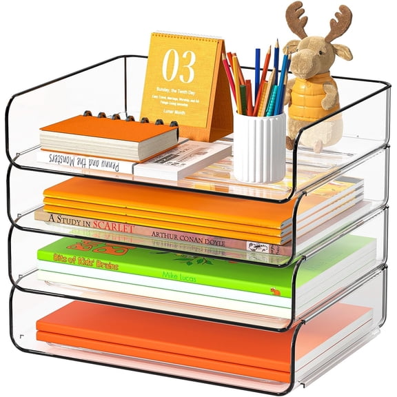 4-Tier Acrylic Paper Tray Organizer - Low-Profile Desk File Sorter for Office/Home, Clear Stackable Letter Tray for Bills, Crafts, Notebooks