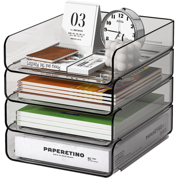 4-Tier Acrylic Paper Tray Organizer, Smoked Brown Stackable Desk File Organizer for Documents, Files, Letters, A4 Paper, Books, Notes, Mail & Paper Storage, Office Classroom Home
