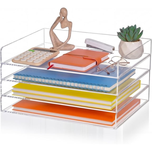 4 Tier Acrylic Paper Tray Organizer for A4 Letter Paper Stackable Clear Desk File Storage 13 x 10 x 1.7 Inches
