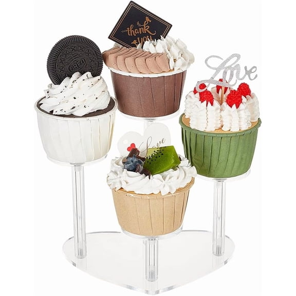 4 Tier Acrylic Riser Display Shelf Heart Shaped Minifigures Display Risers Clear Step Tray Action Figures Collection Organizer Holder for Dessert Cupcakes Rings Earrings