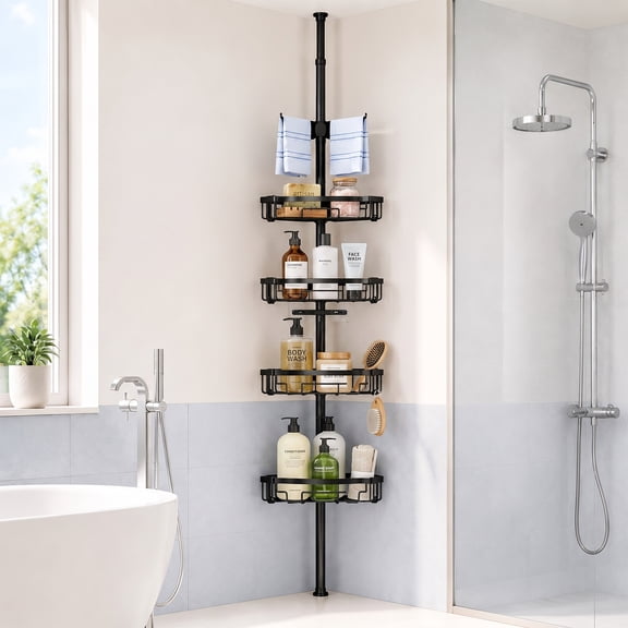 4-Tier Adjustable 62-115 Inch Tension Pole Corner Shower Organizer, Rustproof Bathroom Storage Shelves, Bathtub Tub Rack for Shampoo