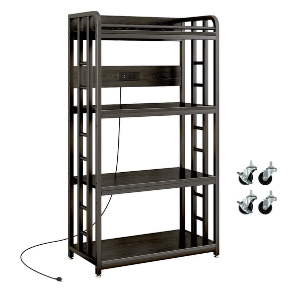 4-Tier Adjustable Bakers Rack With Power Outlet, Black Industrial Style