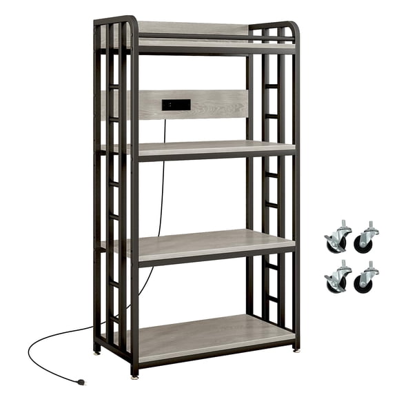 4-Tier Adjustable Bakers Rack with Power Outlet, Greige Finish, Industrial