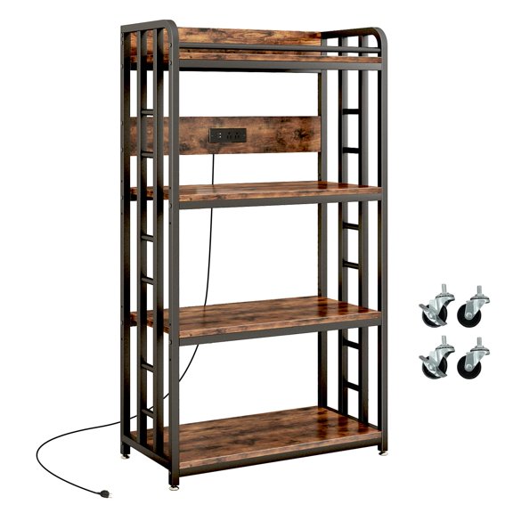4-Tier Adjustable Bakers Rack with Power Outlet, Rustic Brown Industrial