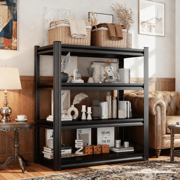 4 Tier Adjustable Garage Shelving Unit, 54"H Metal Shelving Utility Shelf, 2400LBS Industrial Storage Shelves Rack for Warehouse Basement Kitchen Pantry Bathroom Laundry Shop Plant Shoes Book,Black
