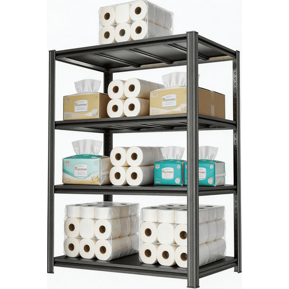 4 Tier Adjustable Garage Shelving Unit, Metal Shelving Utility Shelf, 2400LBS Industrial Storage Shelves Rack for Warehouse Basement Kitchen Pantry Bathroom Laundry Shop Plant Shoes Book,Black