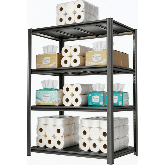 4 Tier Adjustable Garage Shelving Unit, Metal Shelving Utility Shelf, 2400LBS Industrial Storage Shelves Rack for Warehouse Basement Kitchen Pantry Bathroom Laundry Shop Plant Shoes Book,Black