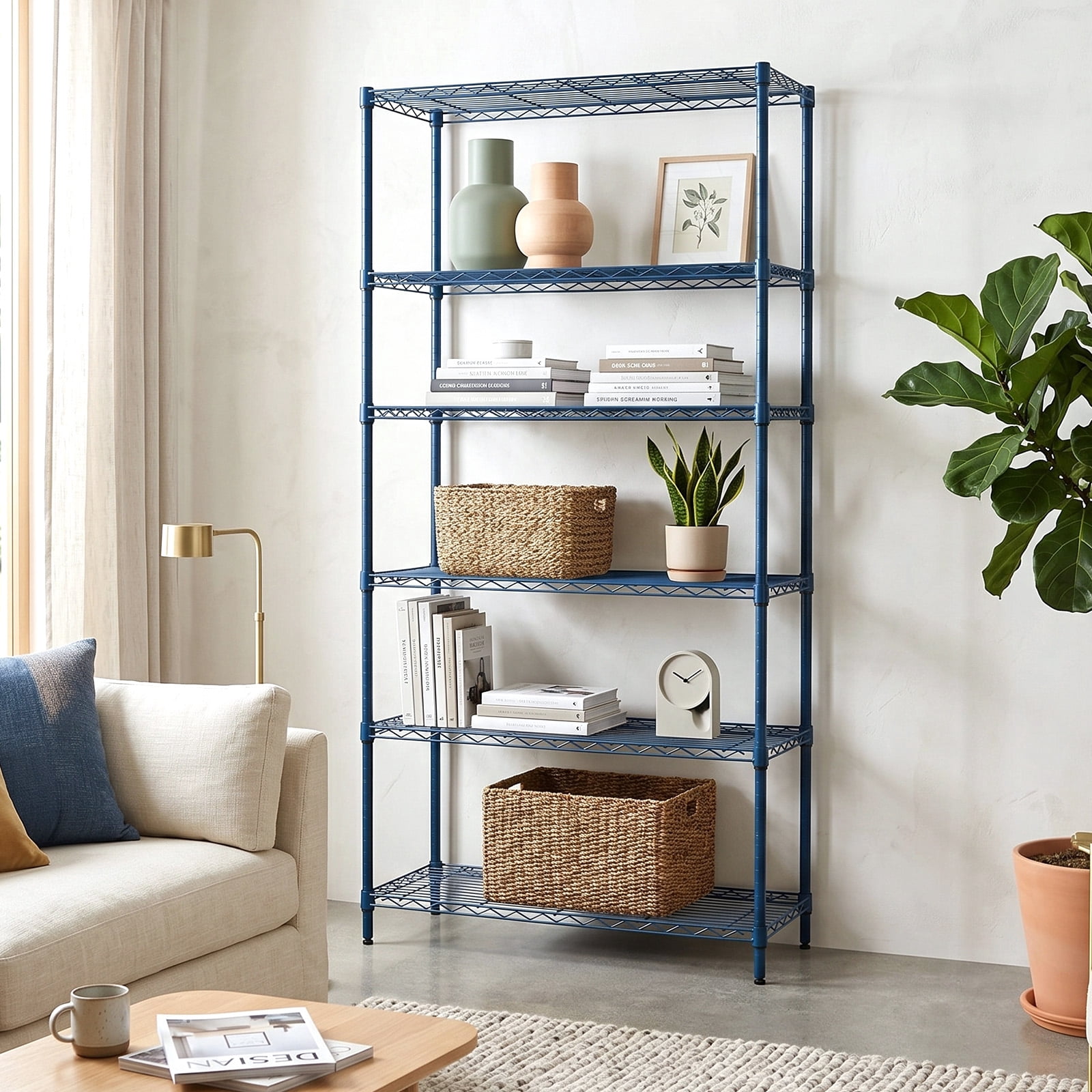 4-Tier Adjustable Heavy Duty Iron Storage Shelving Unit, Stationary Navy Blue Rust Resistant Powder Coating Freestanding Rack for Garage Kitchen Warehouse Retail Basement