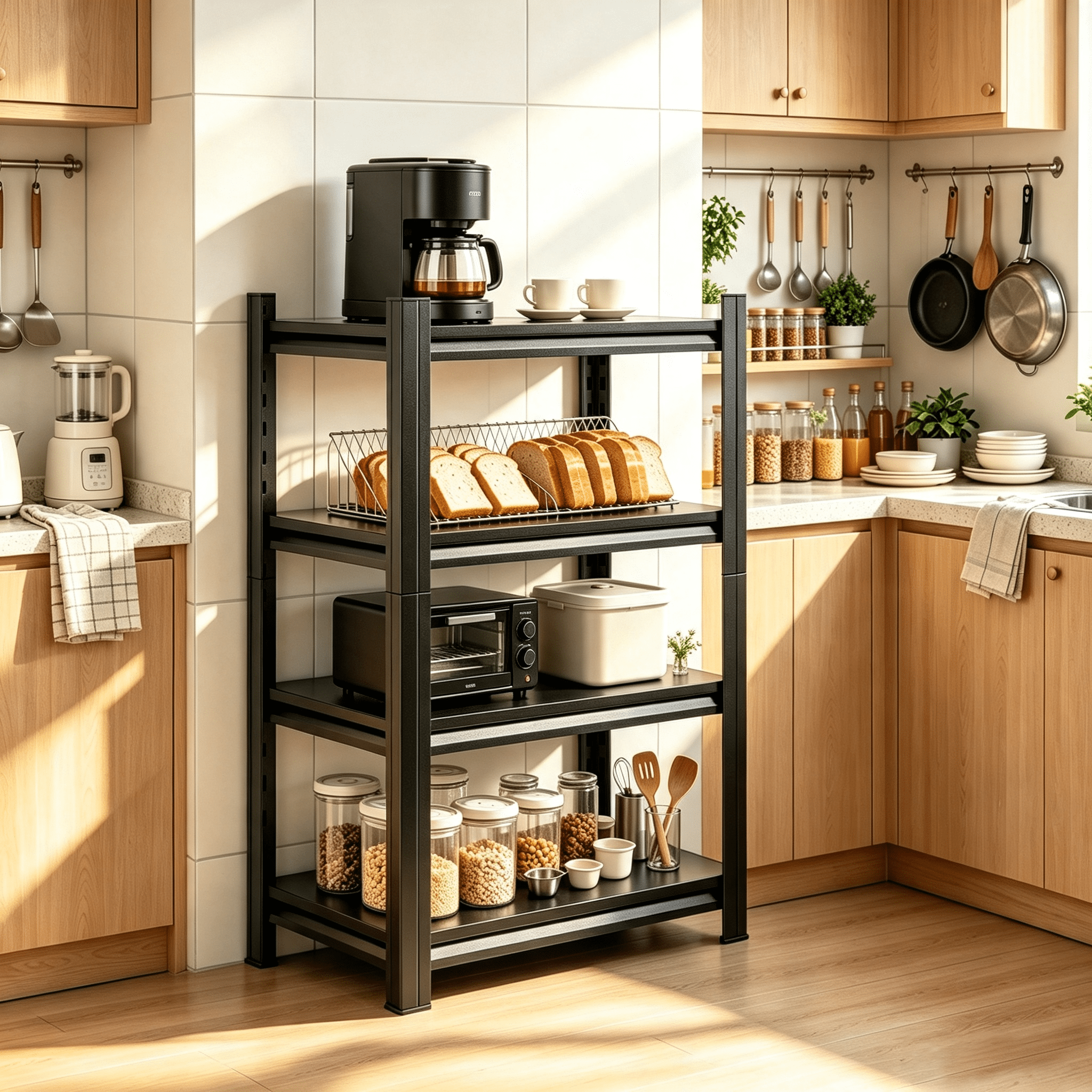 4-Tier Adjustable Metal Storage Shelving Unit, Black Heavy Duty Kitchen Organizer for Home Space Saving
