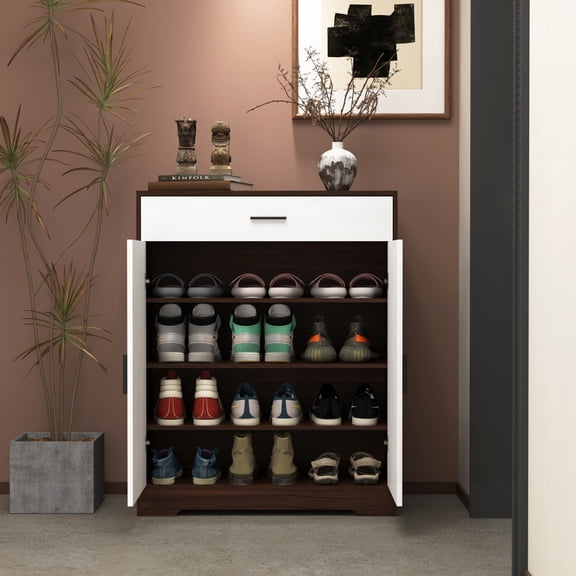 4-Tier Adjustable Shoe Cabinet with Drawer & Removable Shelves, Freestanding Wooden Storage for Foyers & Hallways (Walnut Finish)