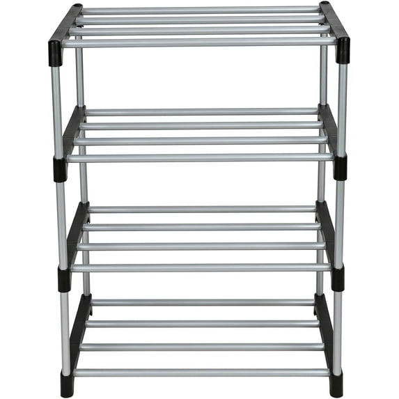4-Tier Adjustable Shoe Rack – Black & Silver, Metal Tubes & Plastic ...