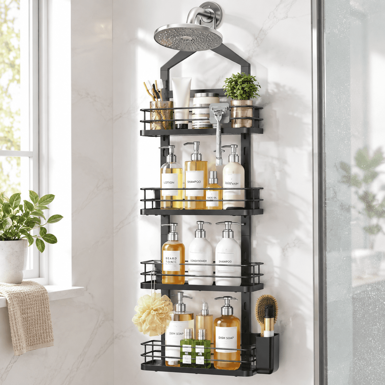 4 Tier Adjustable Shower Organizer Hanging Over Showerhead Black ...