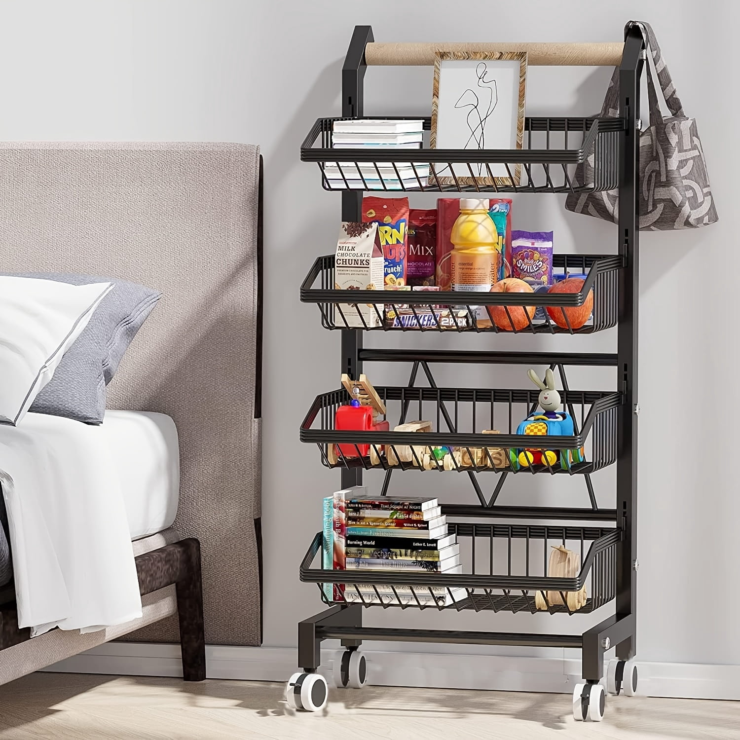 4-Tier Adjustable Snack Cart with Wheels - Rustproof Metal Wire Storage ...