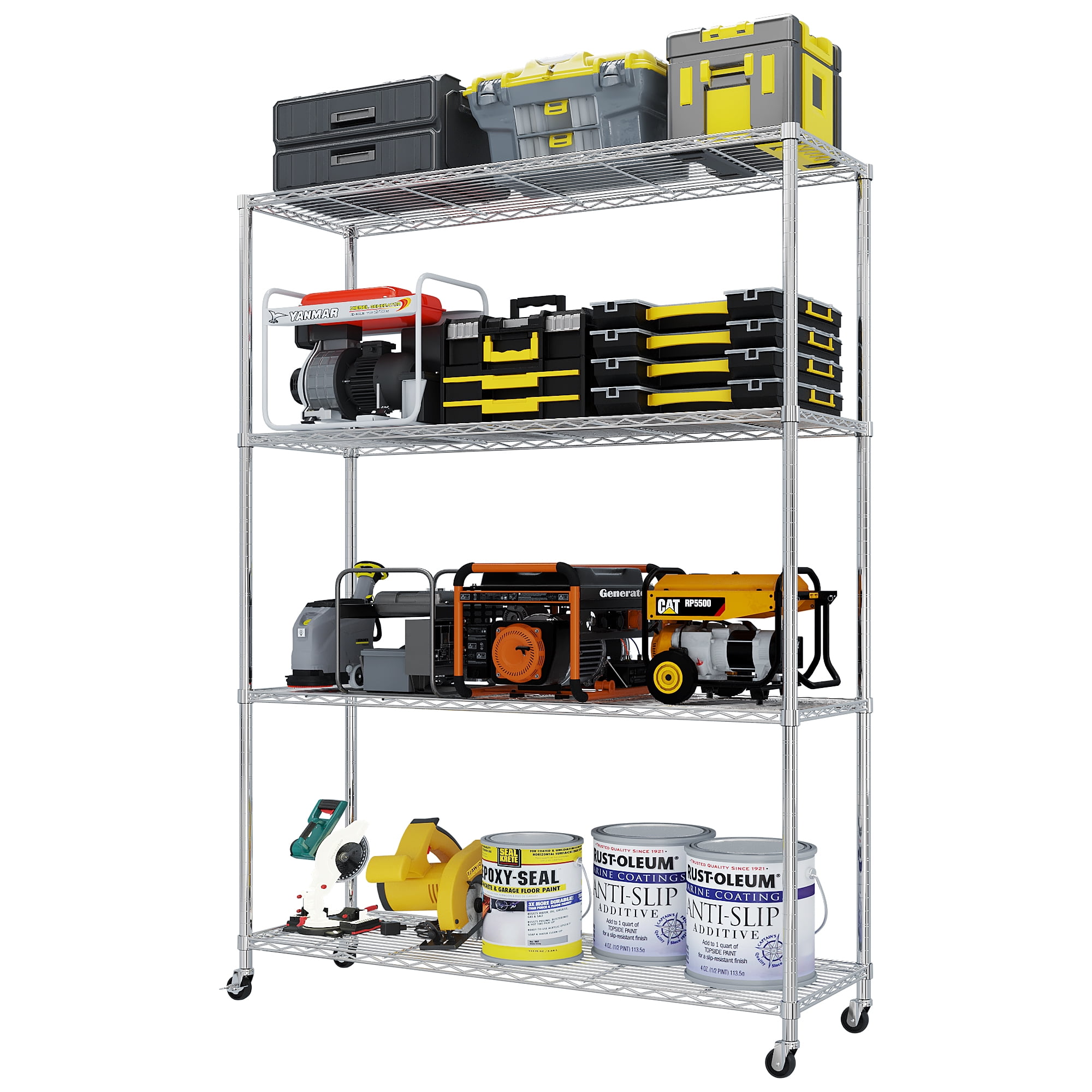 4-Tier Adjustable Steel Shelving Unit with Locking Rubber Wheels, Gray, 46.06 x 17.72 x 64.96 in