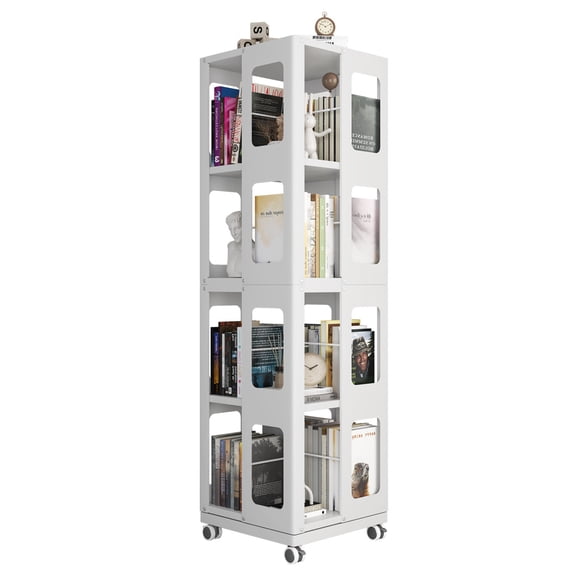 4-Tier All-Steel Rotating Bookshelf with 360° Wheels, Large Book Rack with Arc-shaped Hollow Design, Easy Assembly, for Bedroom, Livingroom, Corner Spaces, White