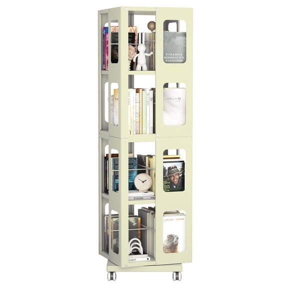 4-Tier All-Steel Rotating Bookshelf with 360° Wheels, Large Book Rack with Arc-shaped Hollow Design, Easy Assembly, for Bedroom, Livingroom, Corner Spaces, Yellow