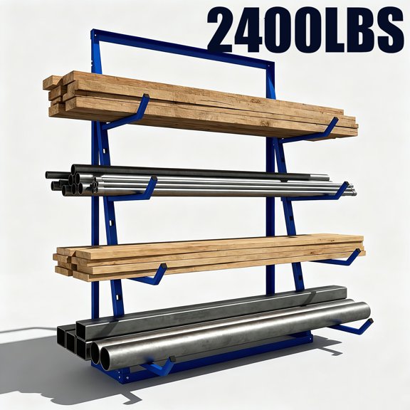 4 Tier Alloy Steel Blue Lumber Organizer Rack,2400lbs Easy Assemble Cantilever Rack with Adjustable Arms, Stable Horizontal Organizer Shelf for Industrial Garage