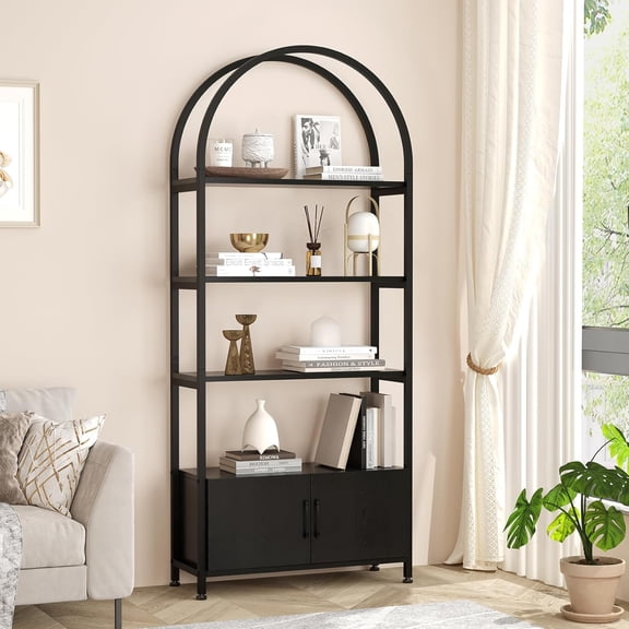 4-Tier Arched Bookshelf with Doors, 71.5" Tall Freestanding Industrial Bookcase with Sturdy Metal Frame, Open Display Shelves & Hidden Storage, Modern Book Shelf for Living Room or Office,Black