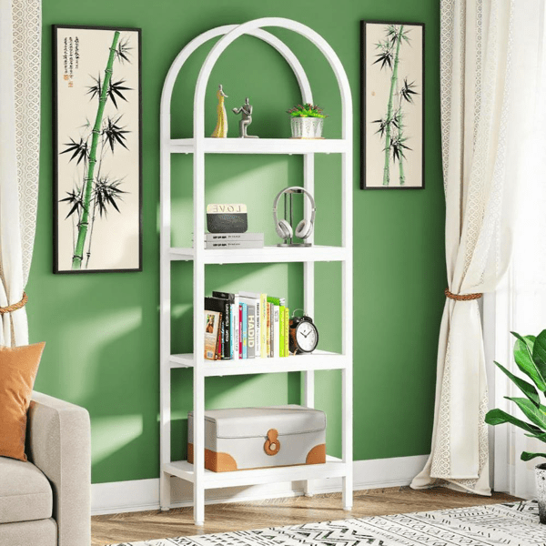 4-Tier Arched Bookshelf,Industrial Farmhouse Style, E1 Particle Board + Metal Frame, 30lbs/Shelf, Multi-Purpose for Home, Office